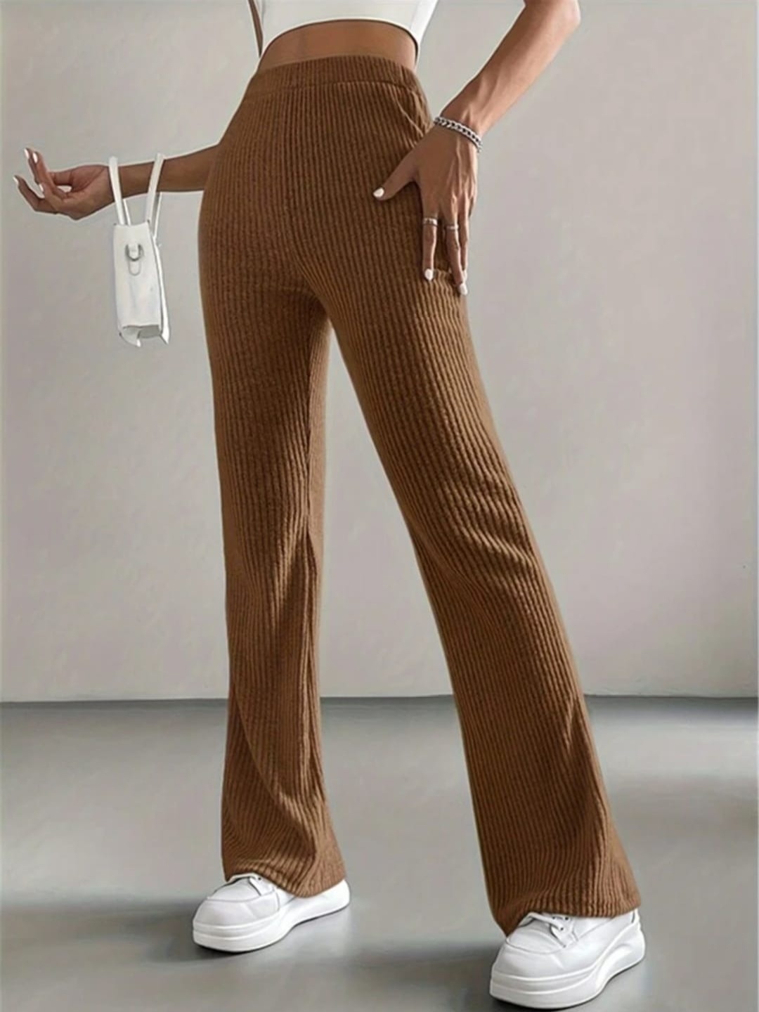 

BROADSTAR Women Smart Flared High-Rise Easy Wash Trousers, Brown
