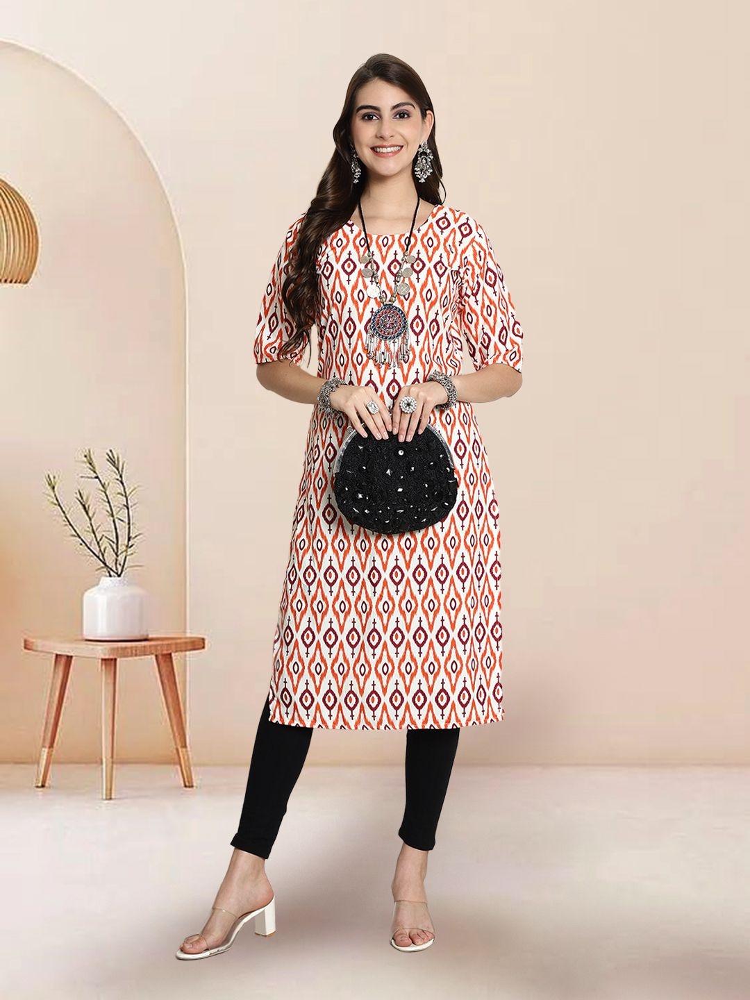 

7Threads Ethnic Motifs Printed Crepe Straight Kurta, White