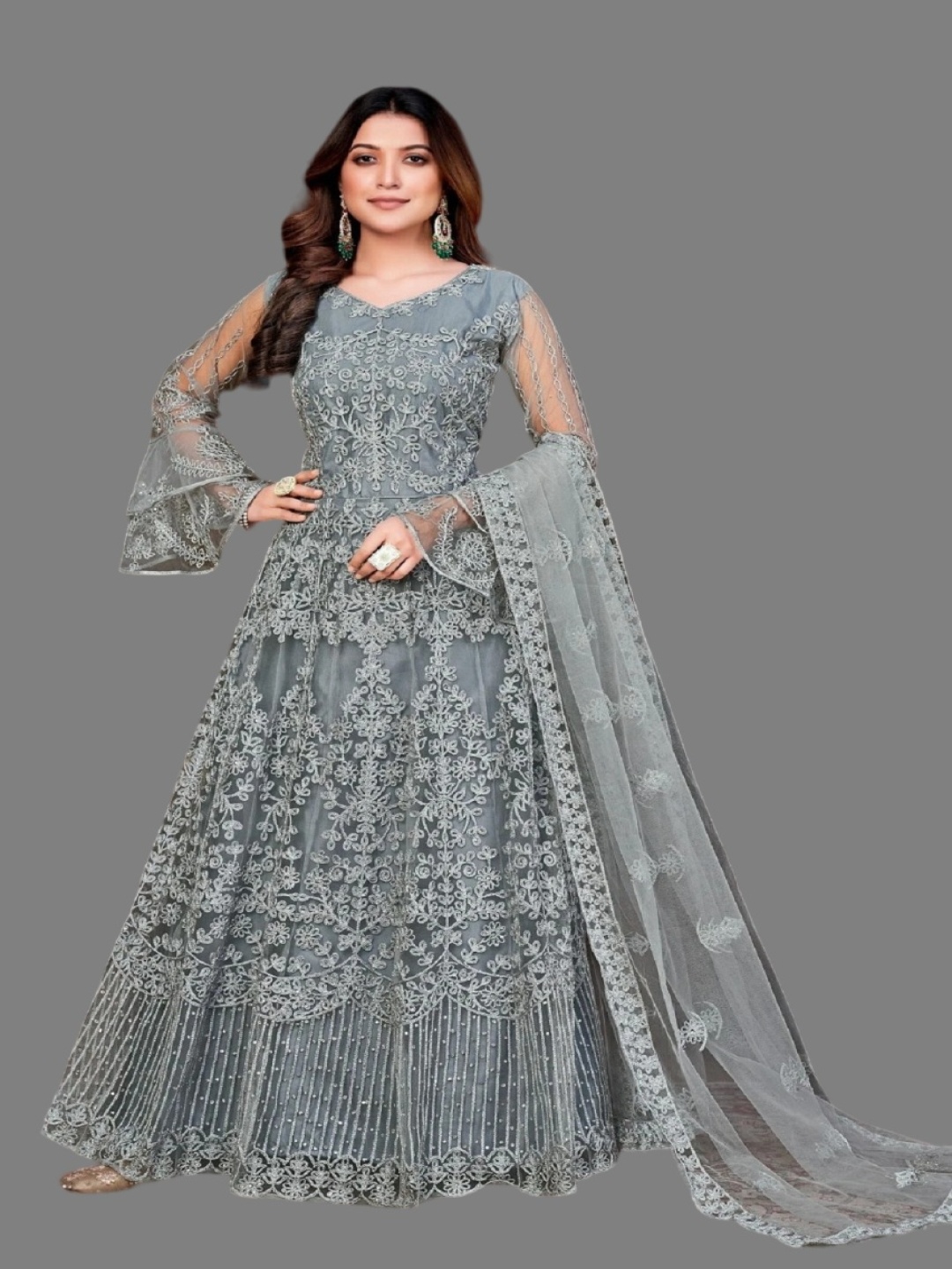 

JULEE Women's Ethnic Motifs Embroidered Slit Sleeve Net Fit & Flare Maxi Dress, Grey