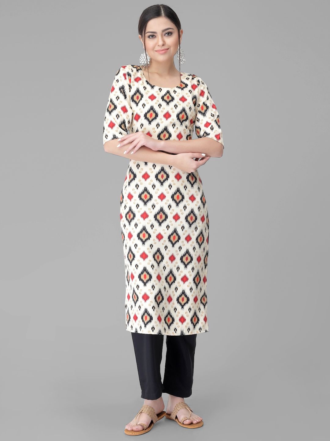 

7Threads Ethnic Motifs Printed Round Neck Straight Kurta with Trouser, Off white