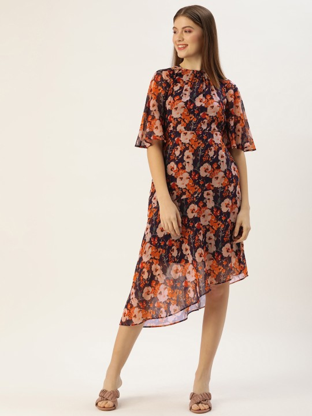 

MELOSO Floral Print Bell Sleeve Georgette Fit & Flare Maxi Dress, Purple