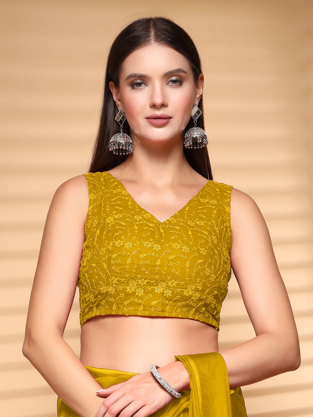 

Oomph! Embroidered V-Neck Saree Blouse, Olive