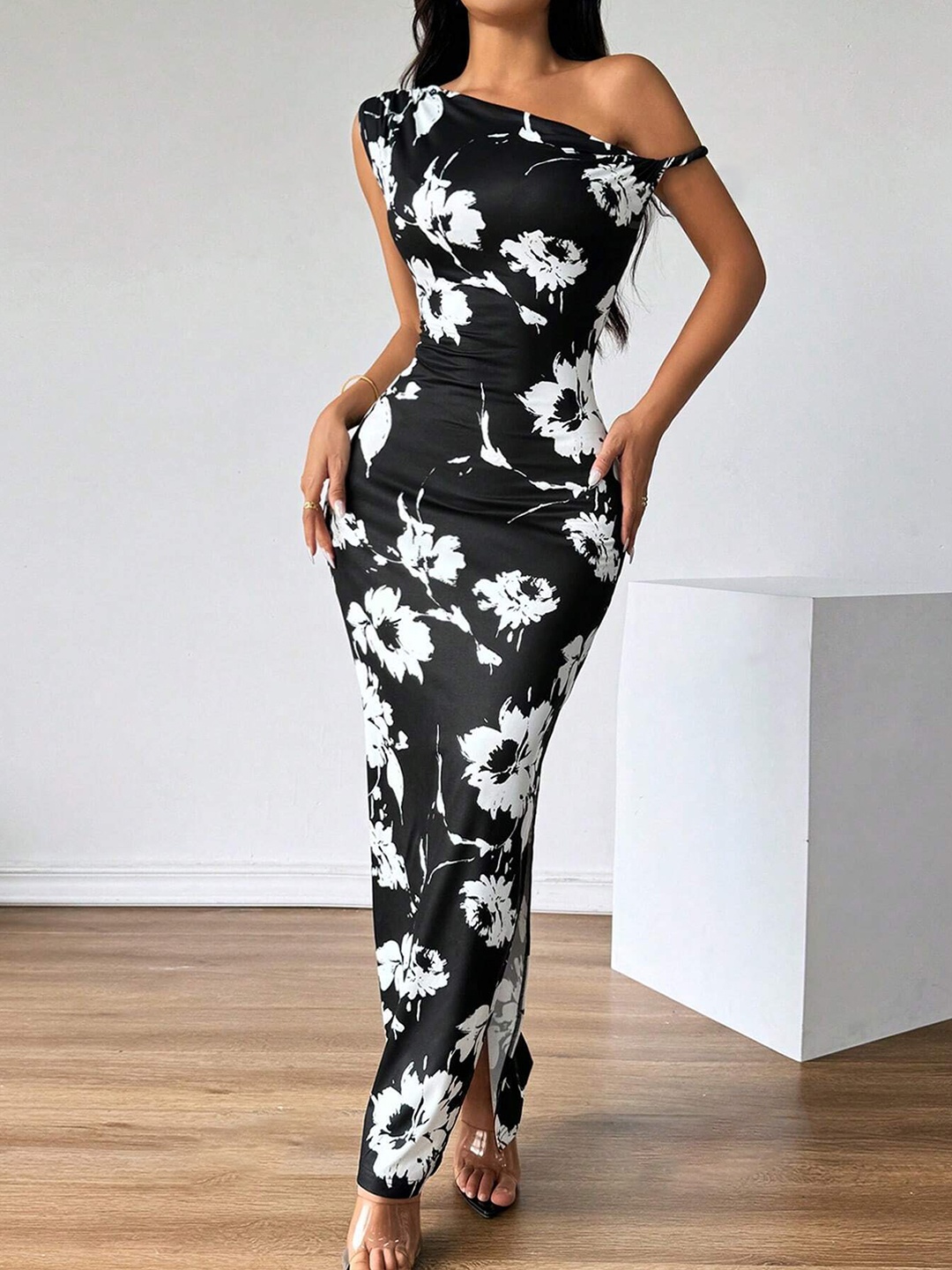 

BAESD Women One Shoulder Floral Printed Maxi Dress, Black