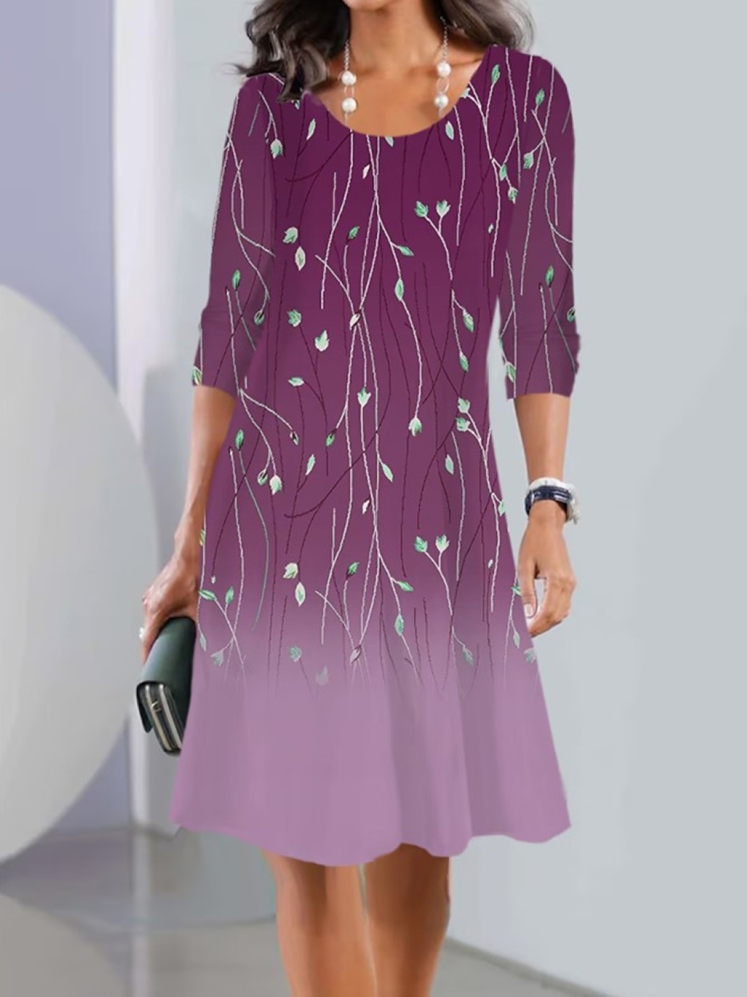 

KPOP Women Ethnic Motifs Printed A-Line Round Neck Dress, Burgundy