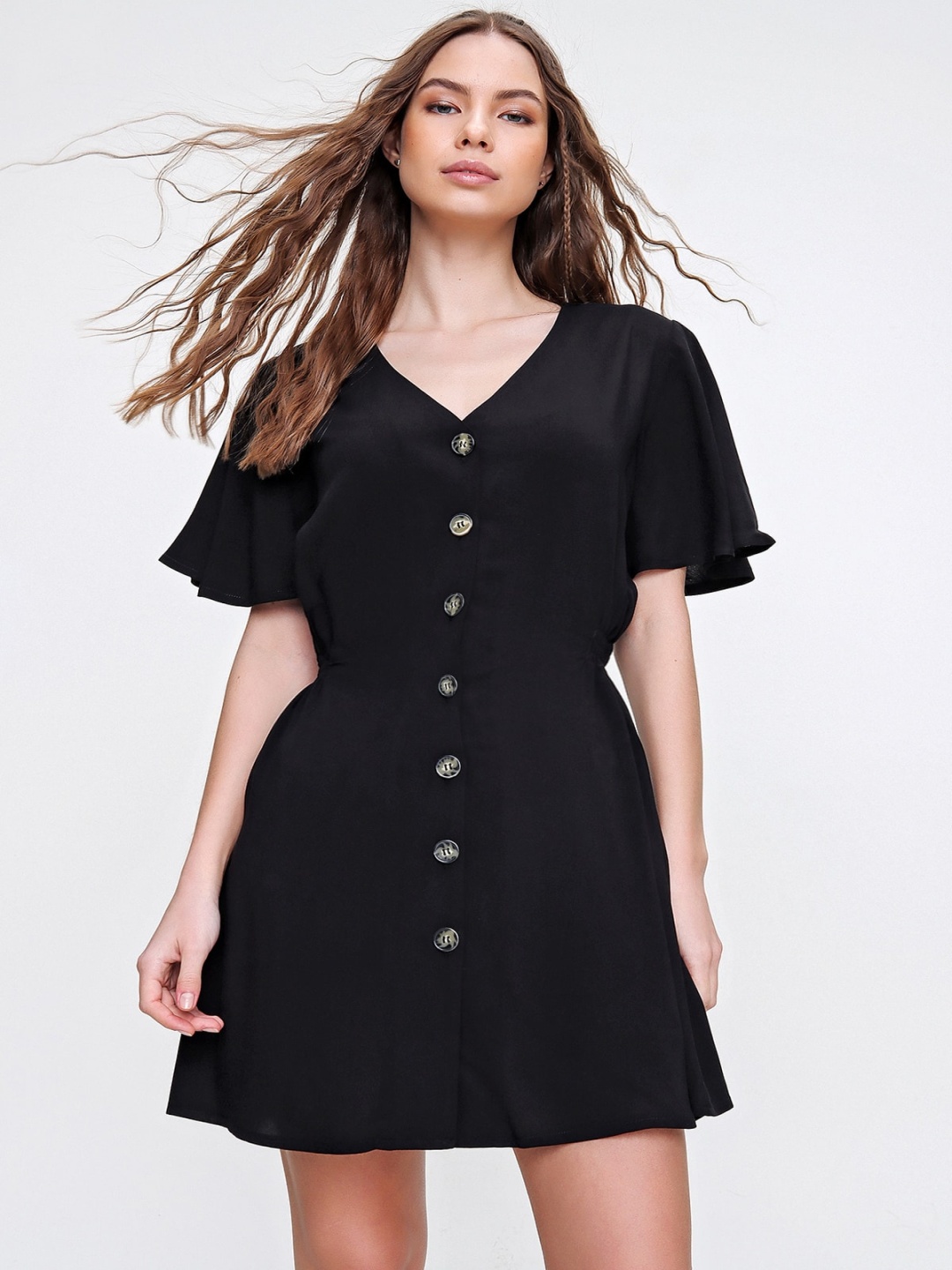 

Trend Alacati stili V-Neck Flared Sleeve Pure Cotton Fit & Flare Dress, Black