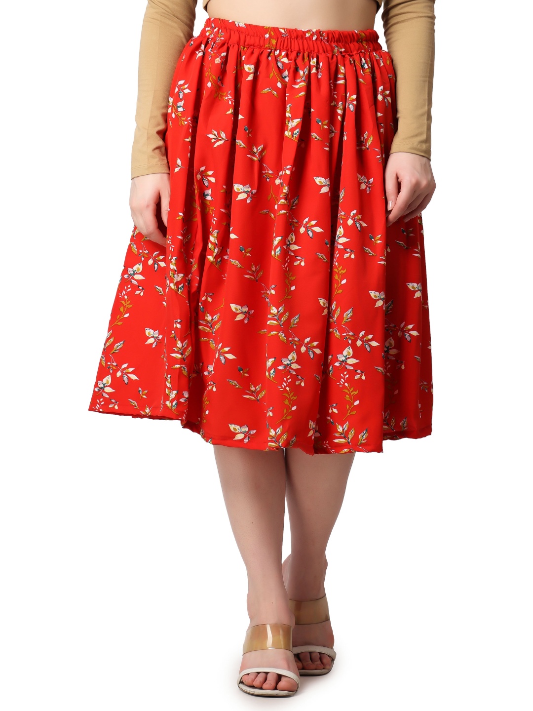 

SCORPIUS Printed Flared Midi Skirt, Red