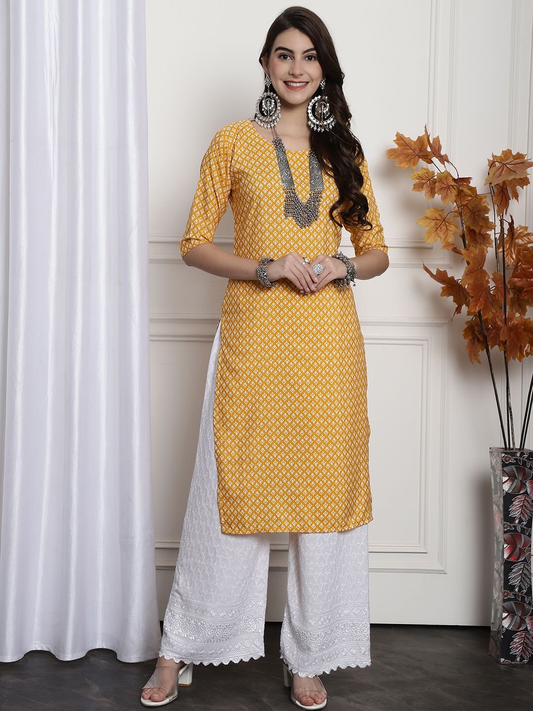 

7Threads Selections of 6 Floral Printed Straight Kurtas, Yellow