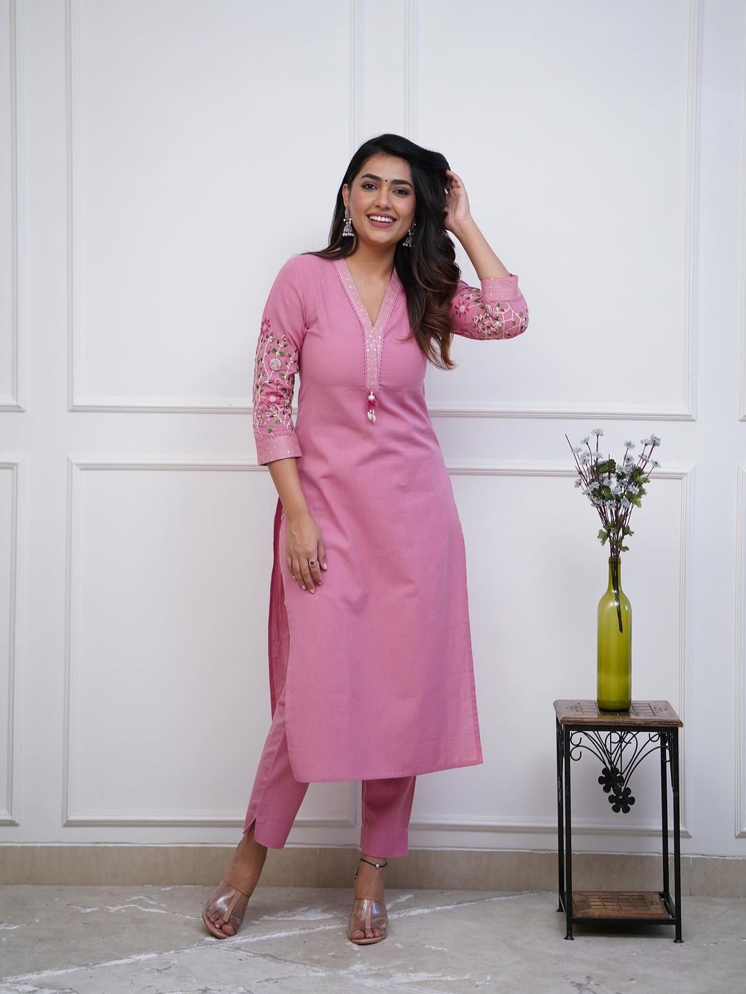 

KALINI Floral Embroidered Straight Kurta with Trousers, Pink