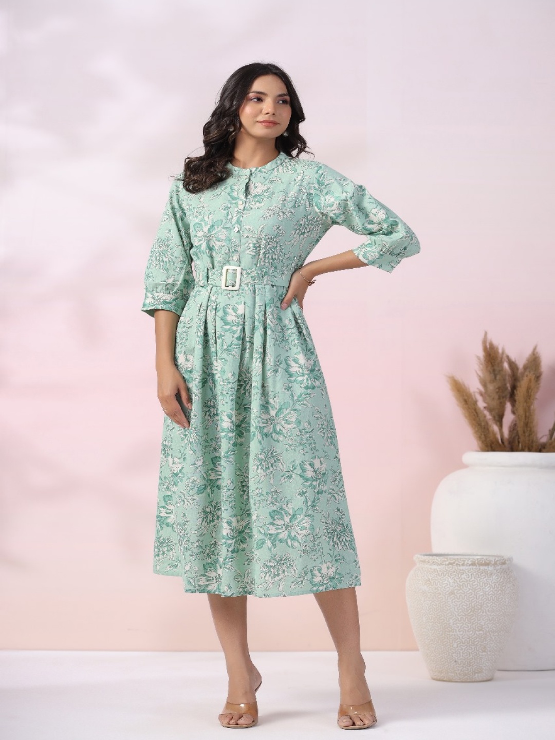 

Label Khoj Women Floral Printed Fit & Flare Midi Dress, Turquoise blue