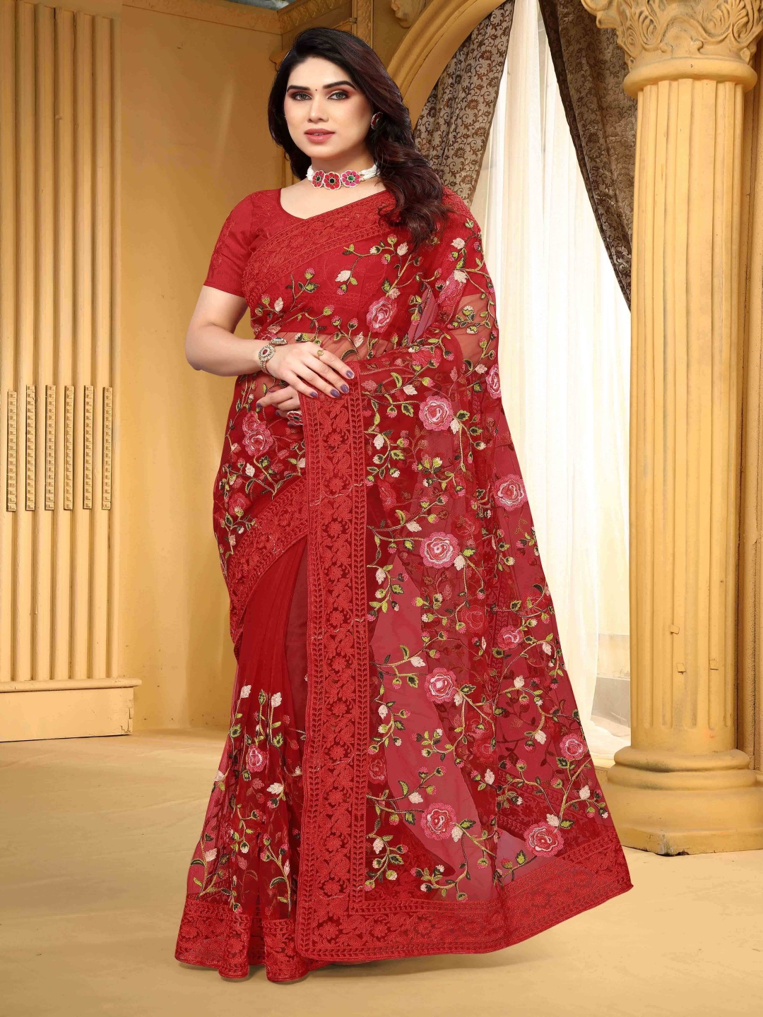 

NIRMAL CREATION Floral Embroidered Maheshwari Saree, Red