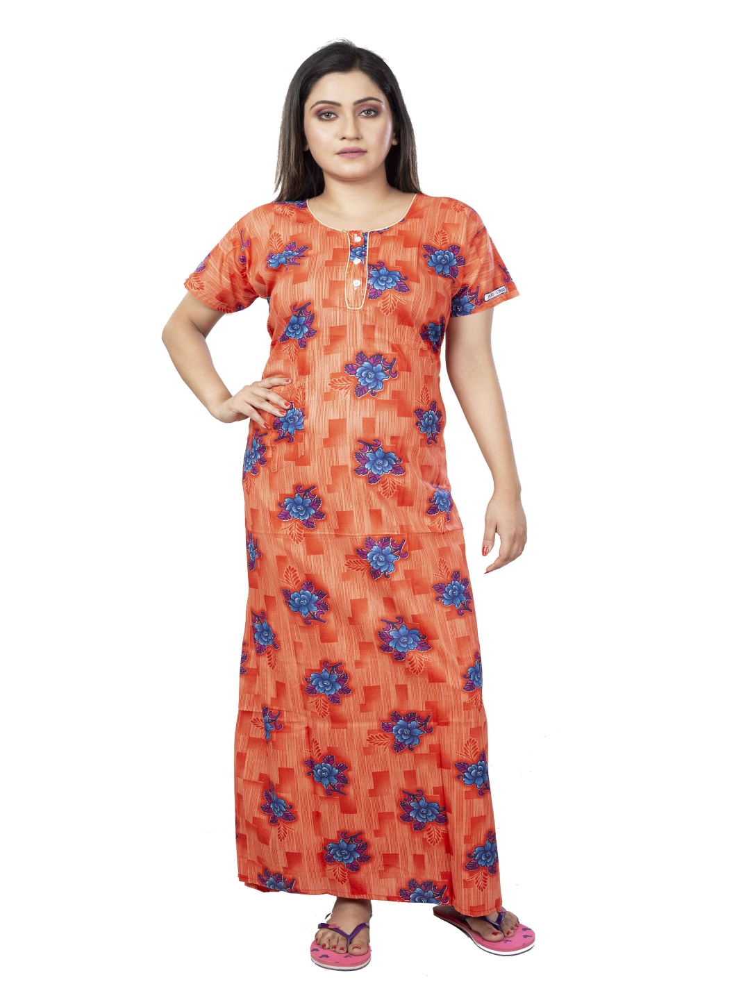 

Laa Calcutta Printed Pure Cotton Maxi Nightdress, Orange