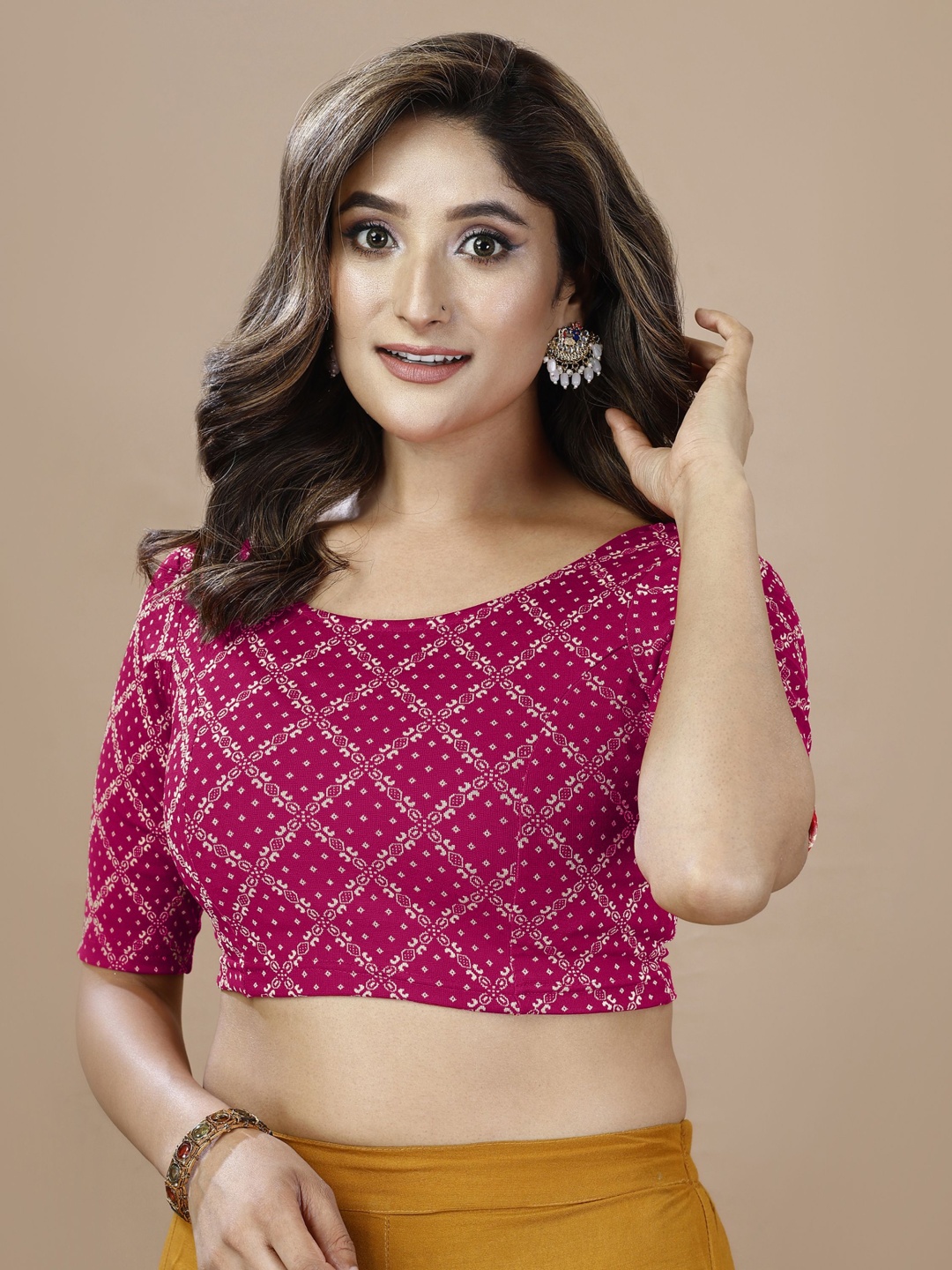 

Oomph! Printed Non Padded Round Neck Saree Blouse, Pink