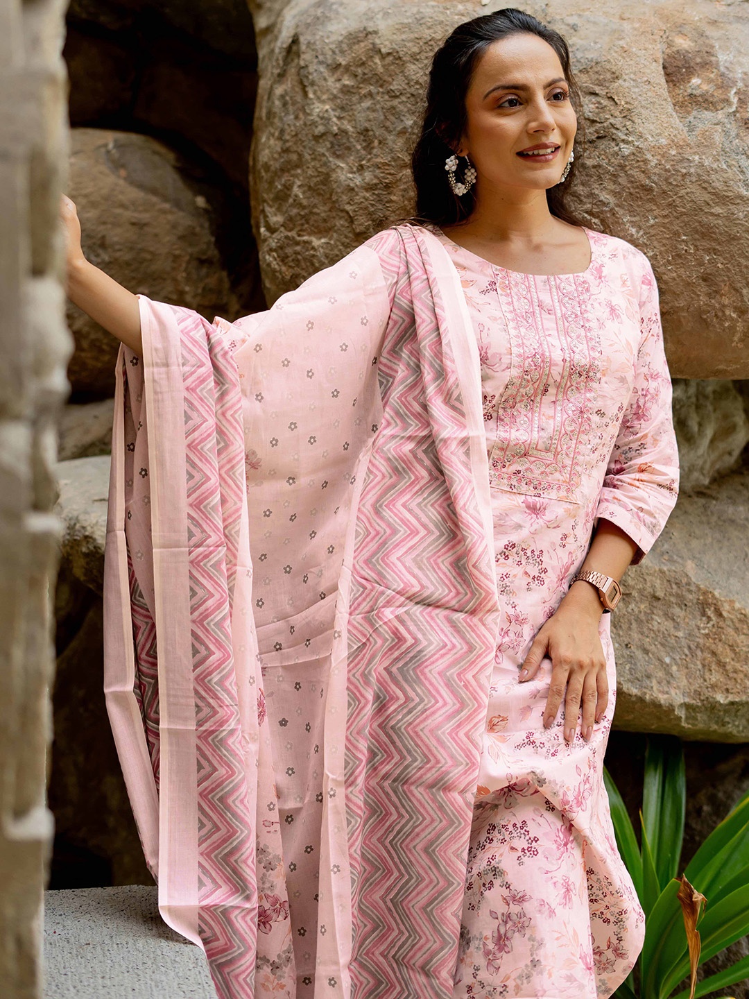 

KALINI Floral Printed Regular Sequinned Pure Cotton Kurta with Trousers & With Dupatta, Pink