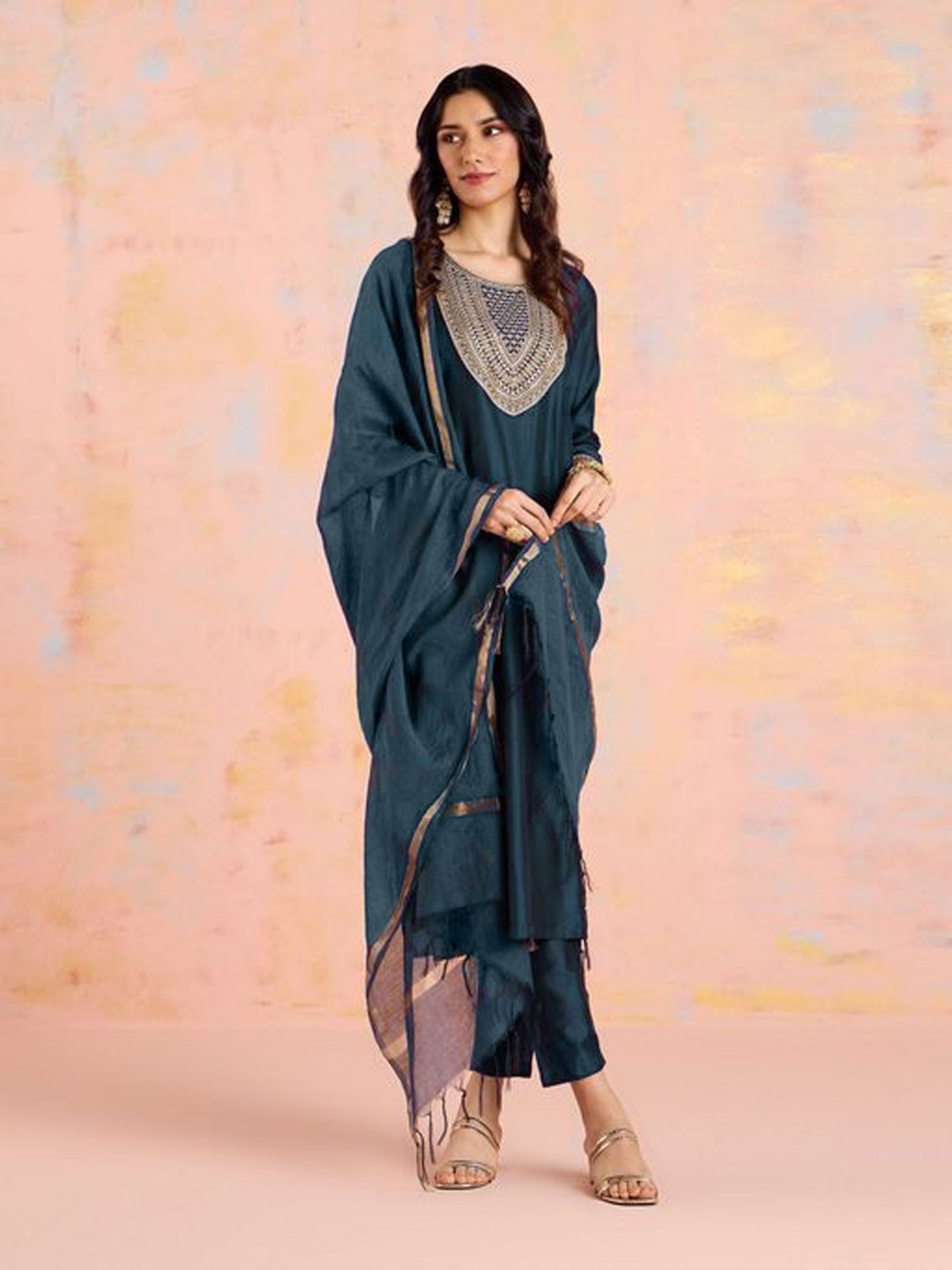

WHATNOT STYLE Ethnic Motifs Embroidered Kurta with Trousers & Dupatta, Teal