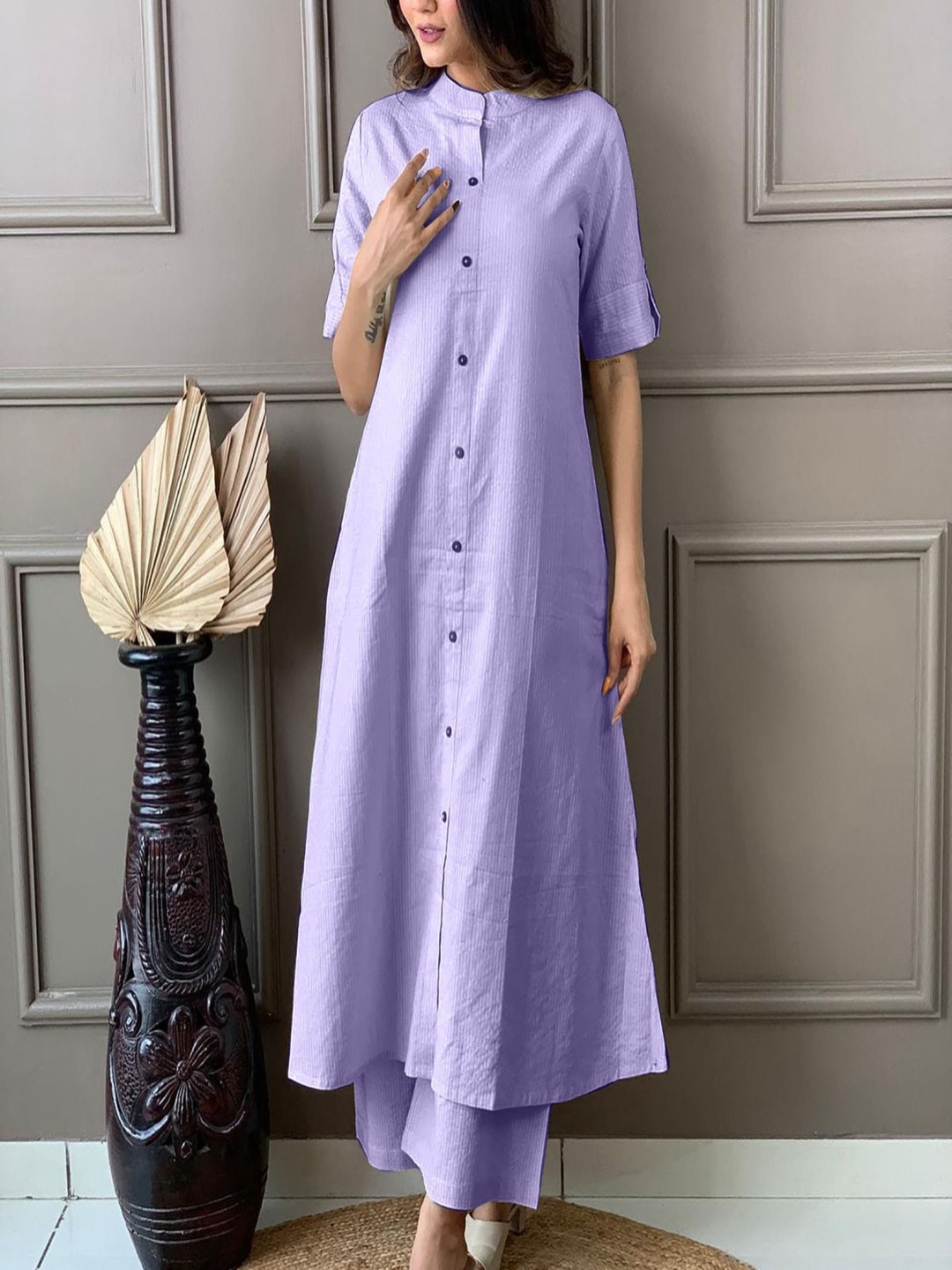 

KALINI Striped Mandarin Collar Roll-Up Sleeves A-Line Kurta with Trousers & Dupatta, Purple