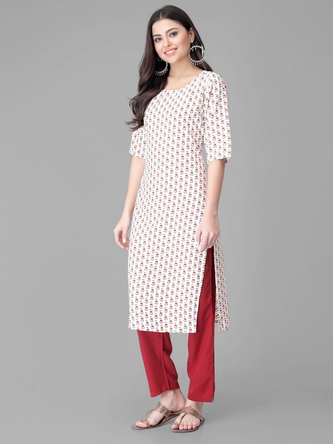 

7Threads Floral Printed Round Neck Straight Kurta With Trousers, White