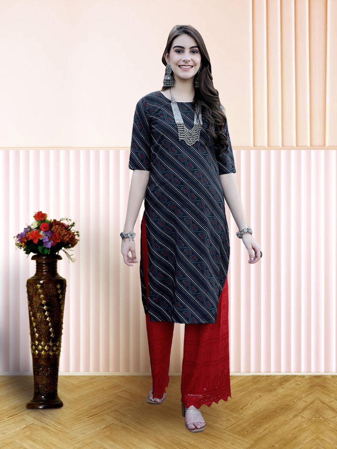 

7Threads Ethnic Motifs Printed Round Neck Straight Kurta, Black