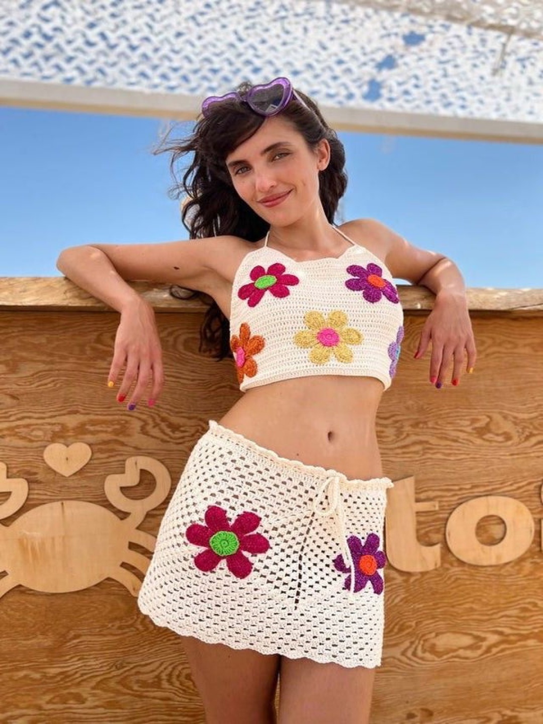 

Sugercandy Self Design Crochet Halter Neck Crop Top With Skirts, Cream