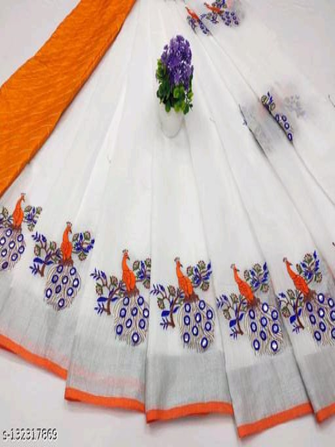 

QENY Ethnic Motifs Embroidered Silk Cotton Chanderi Saree, Orange