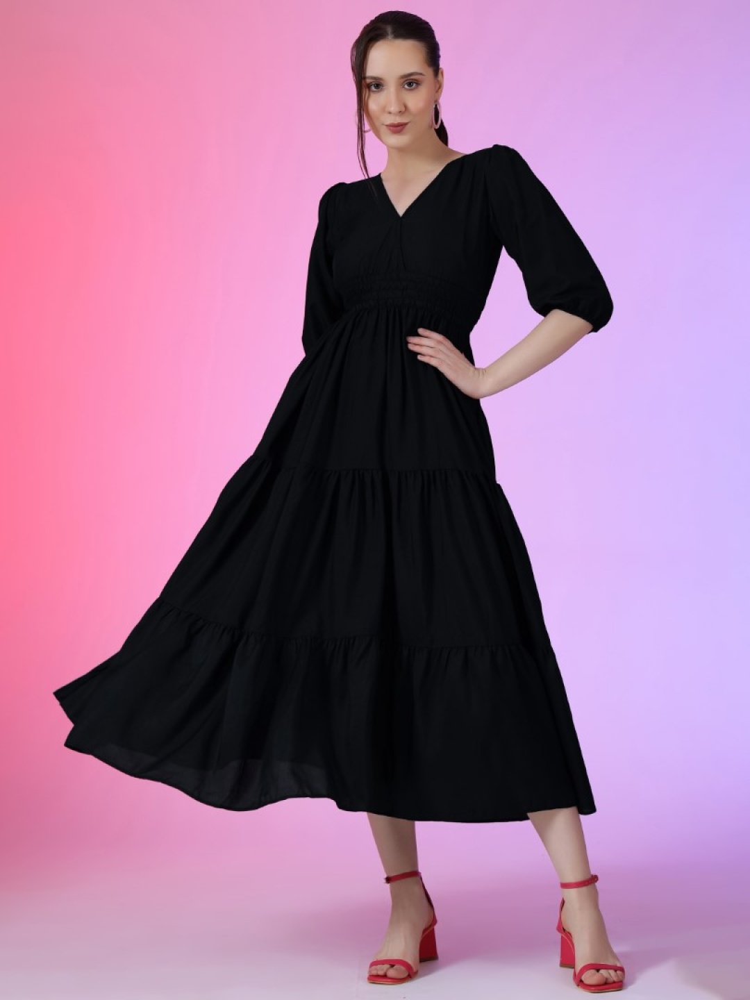 

Raiyani Enterprise Solid Fit & Flare Midi Dress, Black