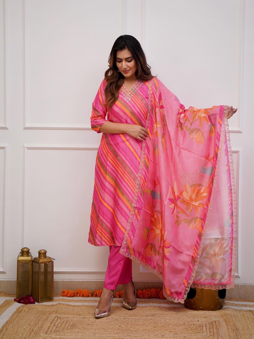 

KALINI Women Pink Printed Regular Sequinned Pure Silk Kurta with Trousers & With Dupatta