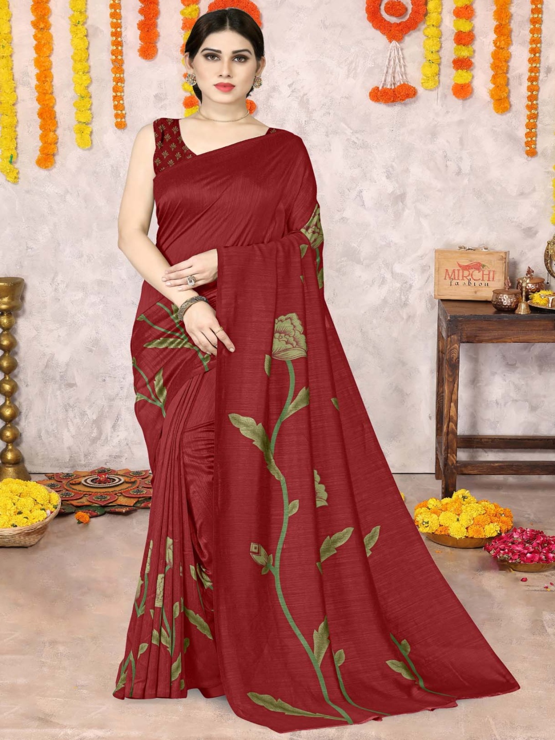 

MIRCHI FASHION Printed Floral Ready to Wear Saree, Maroon