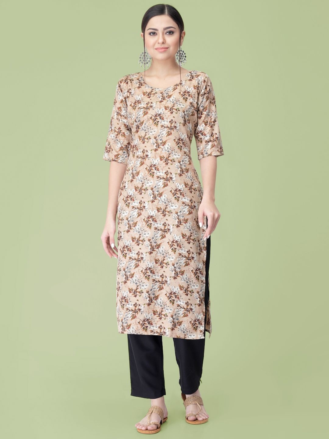 

7Threads Floral Printed Straight Round-Neck Kurta With Trouser, Beige