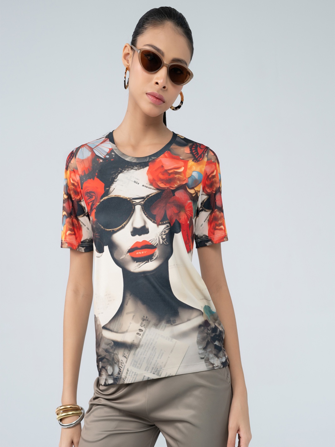 

EDRIO Women Printed Extended Sleeves Pockets T-shirt, Multi
