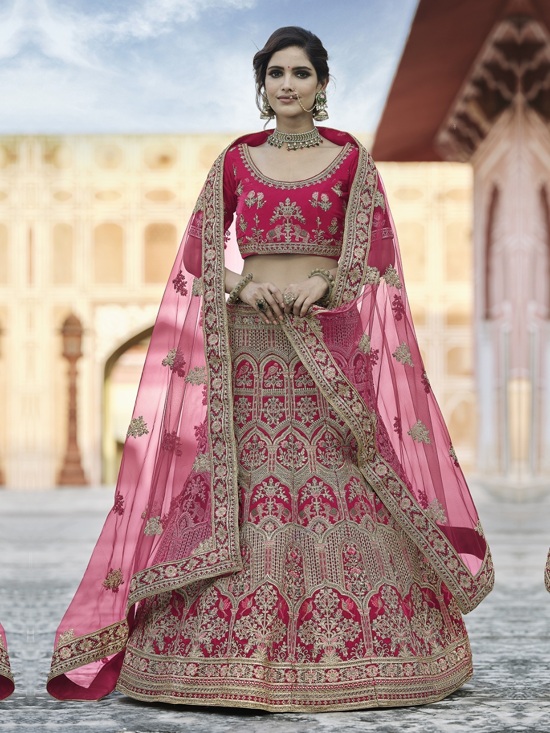 

Fusionic Embroidered Velvet Semi-Stitched Lehenga & Unstitched Blouse With Dupatta, Pink