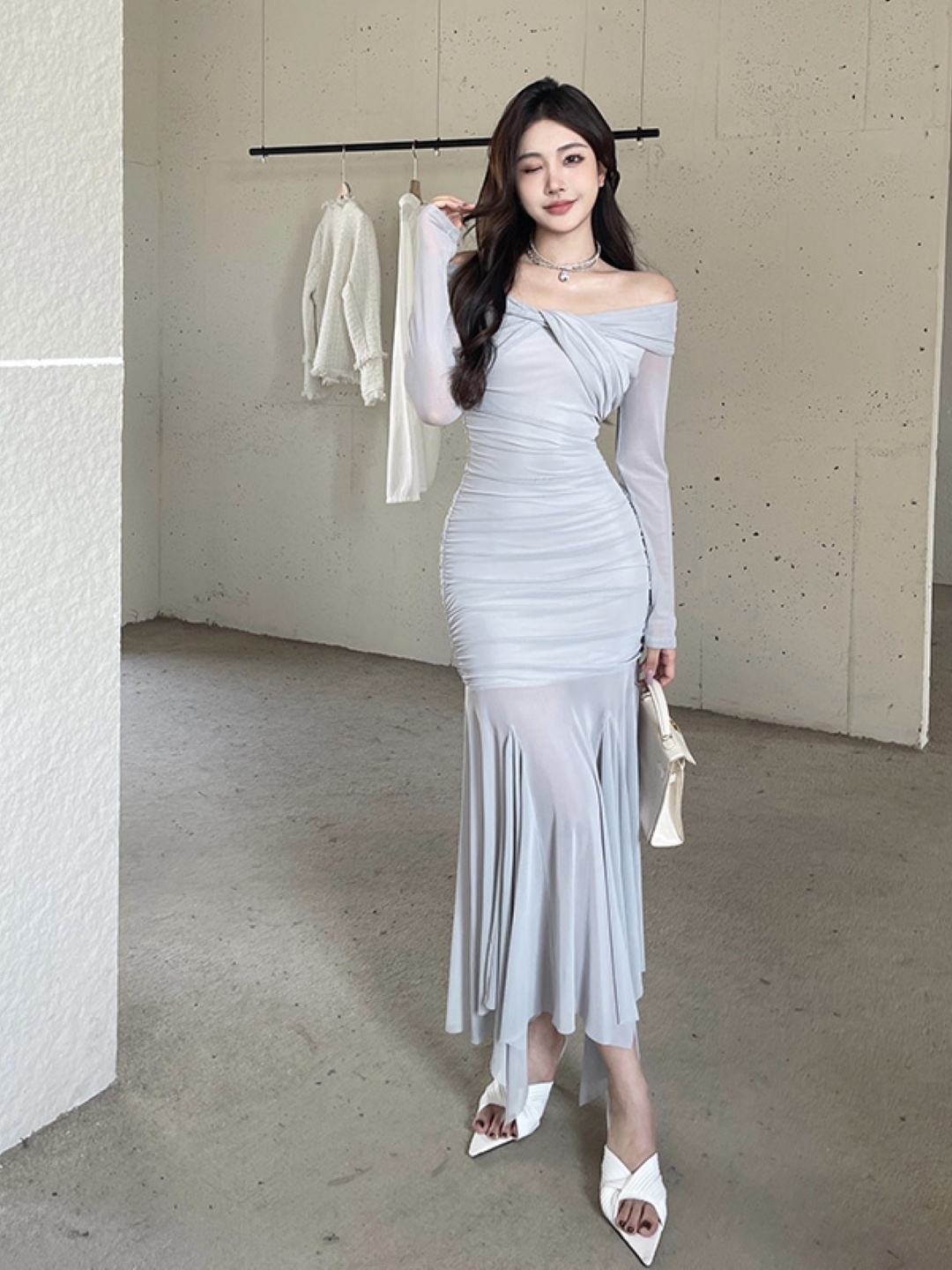 

KPOP Women Off-Shoulder Bodycon Maxi Dress, Grey