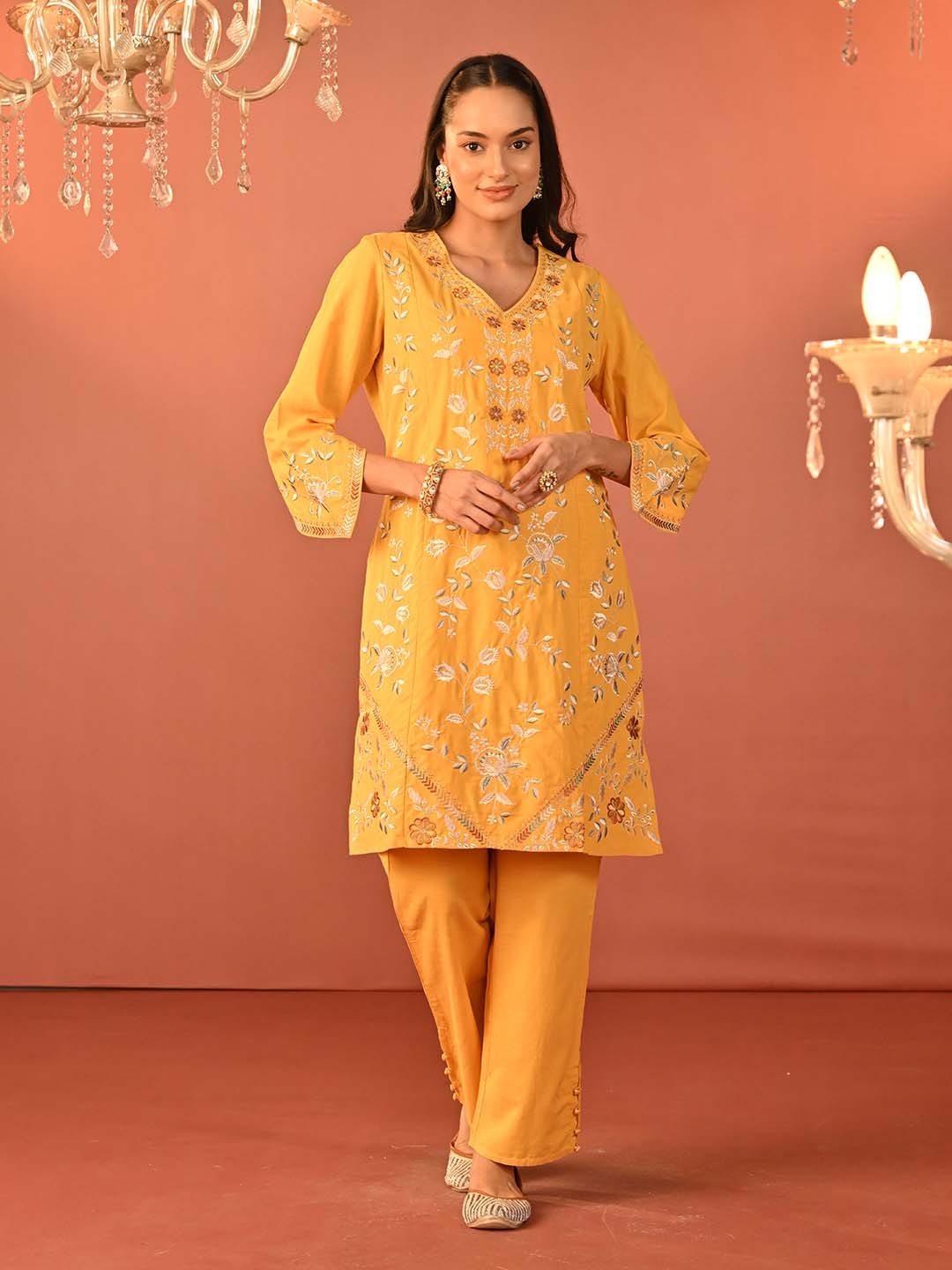 

Lakshita Floral Embroidered Thread Work Linen Kurta with Trousers, Yellow