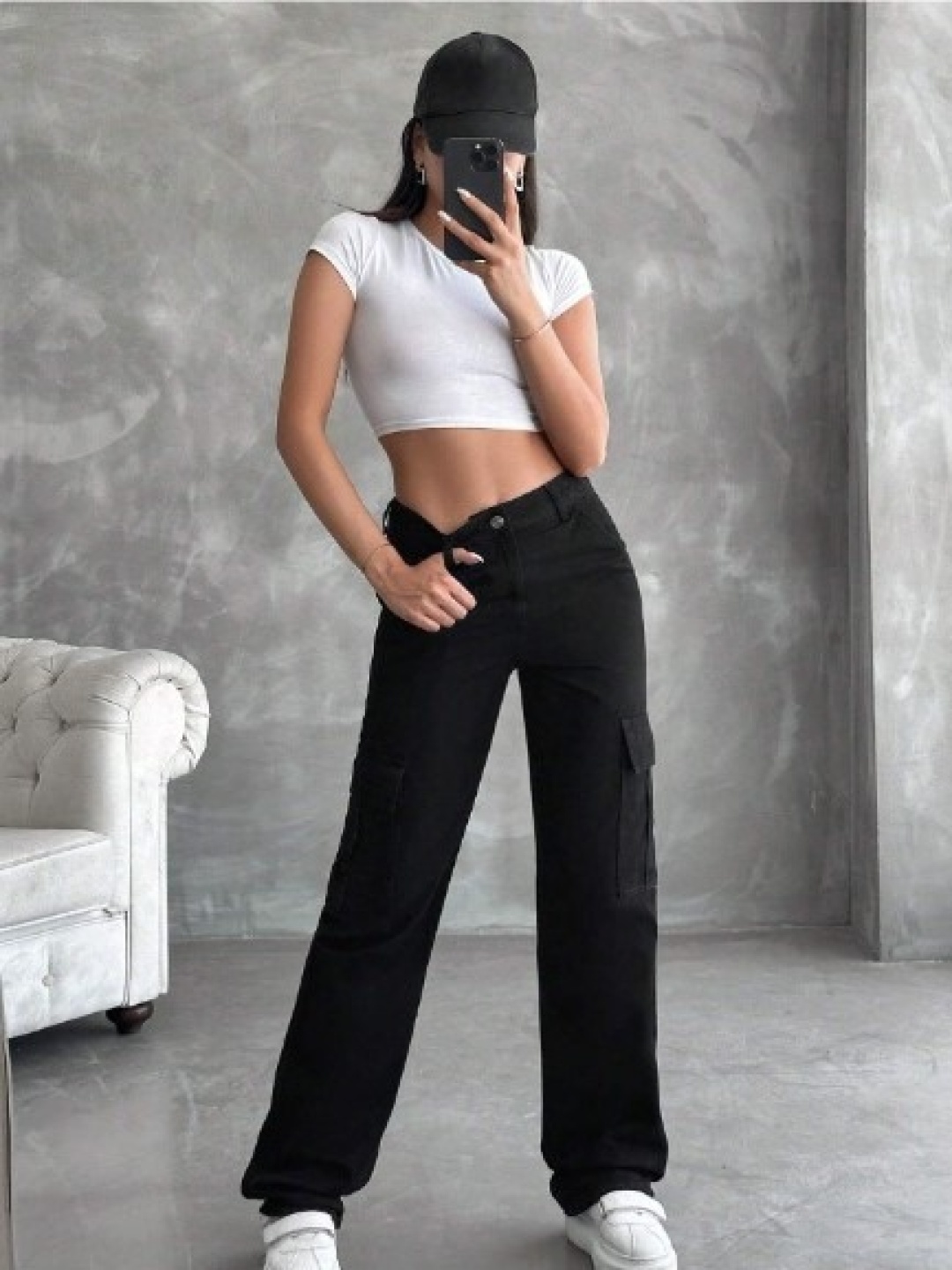

Next One Women Cotton Smart High-Rise Stretchable Cargo Jeans, Black