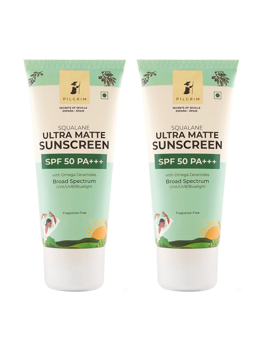 

Pilgrim Set of 2 Squalane Ultra Matte Sunscreen SPF 50 PA+++ with Omega Ceramides-100g, Green