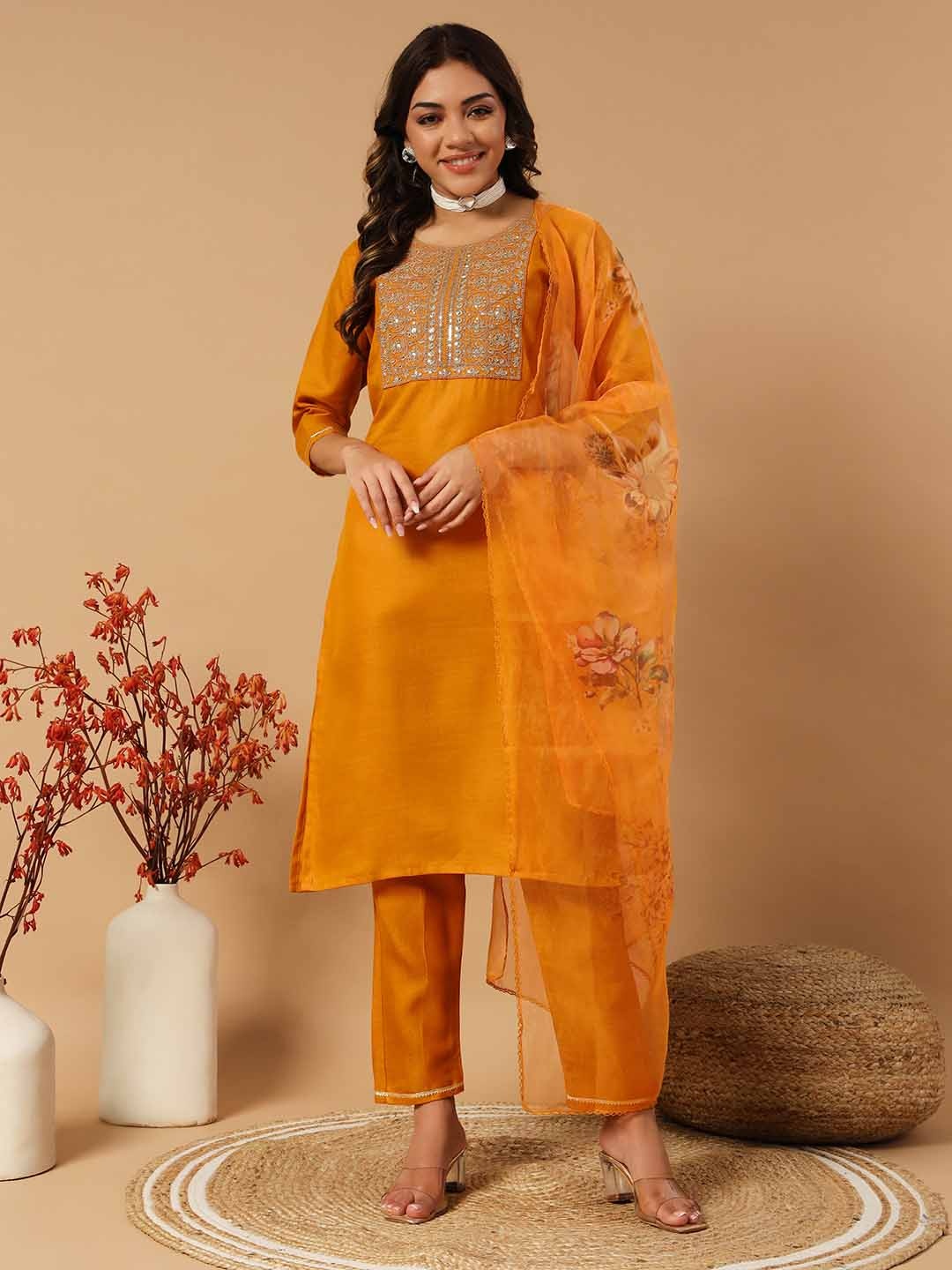 

MORLY Ethnic Motifs Embroidered Sequinned Straight Kurta with Trousers & With Dupatta, Mustard