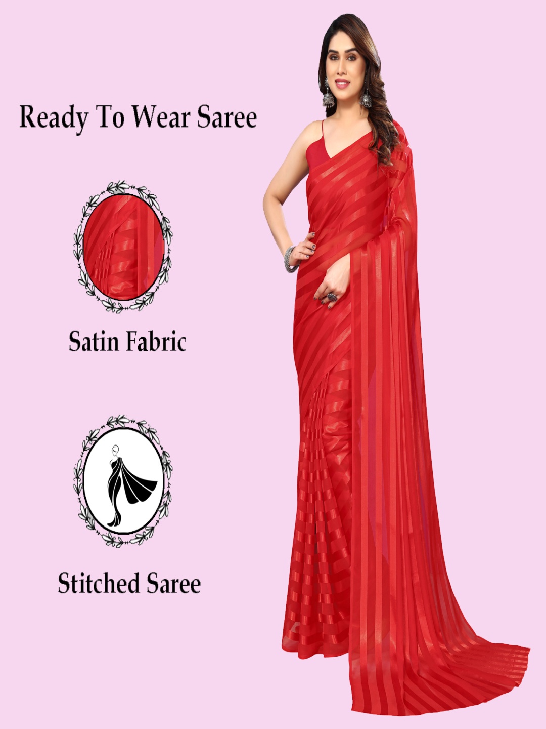 

ANAND SAREES Striped Satin Ready to Wear Saree, Red