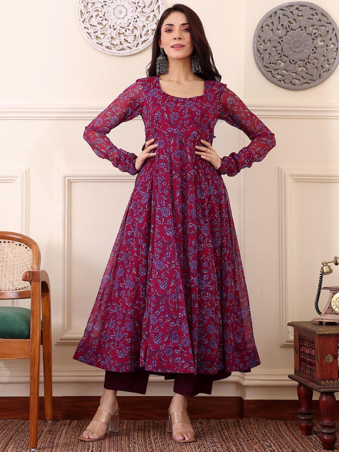 

KALINI Floral Printed Maxi-Length Ethnic Dresses, Burgundy