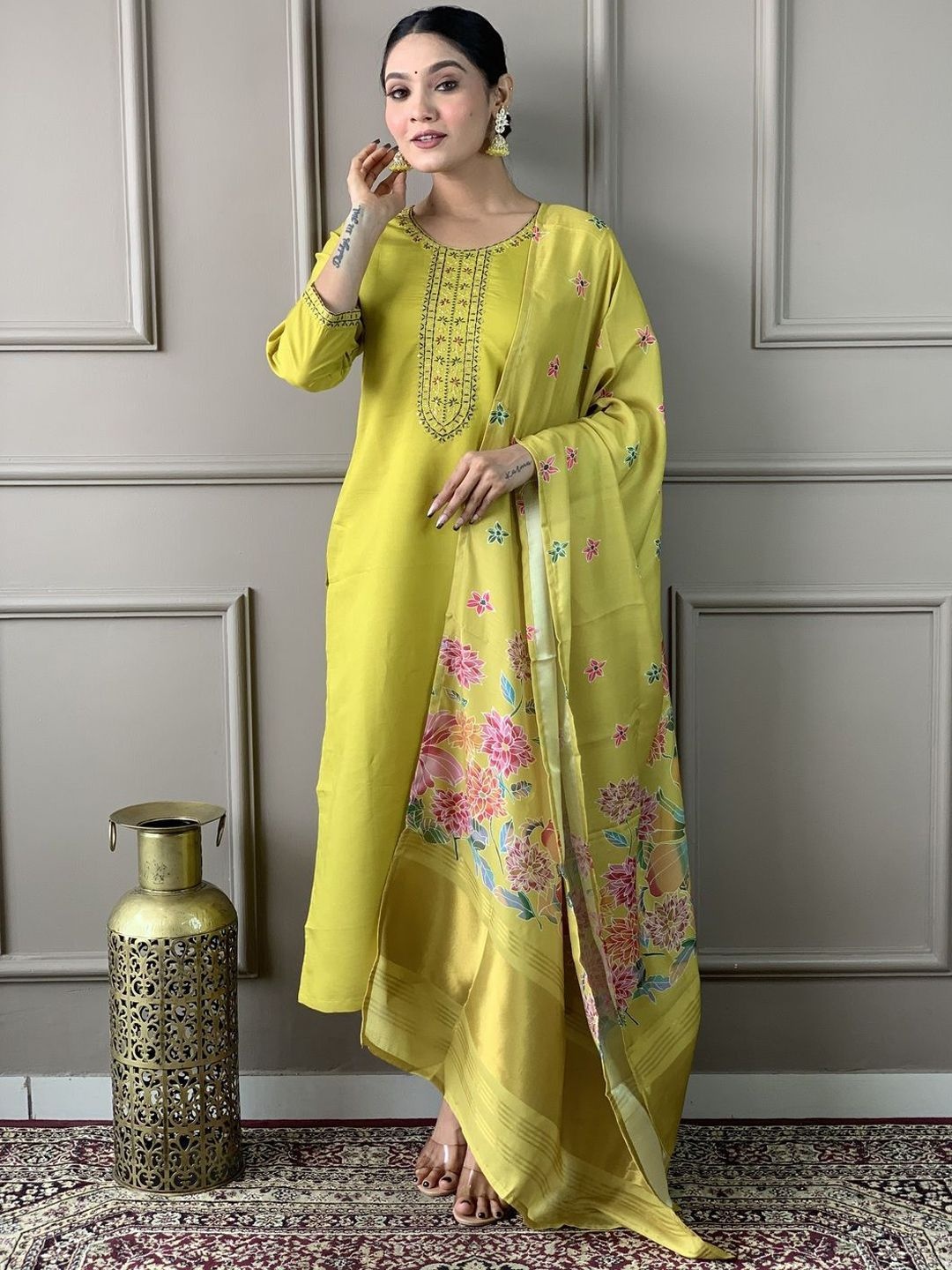 

REALLTREND Floral Embroidered Thread Work Straight Kurta With Trouser And Dupatta, Lime green