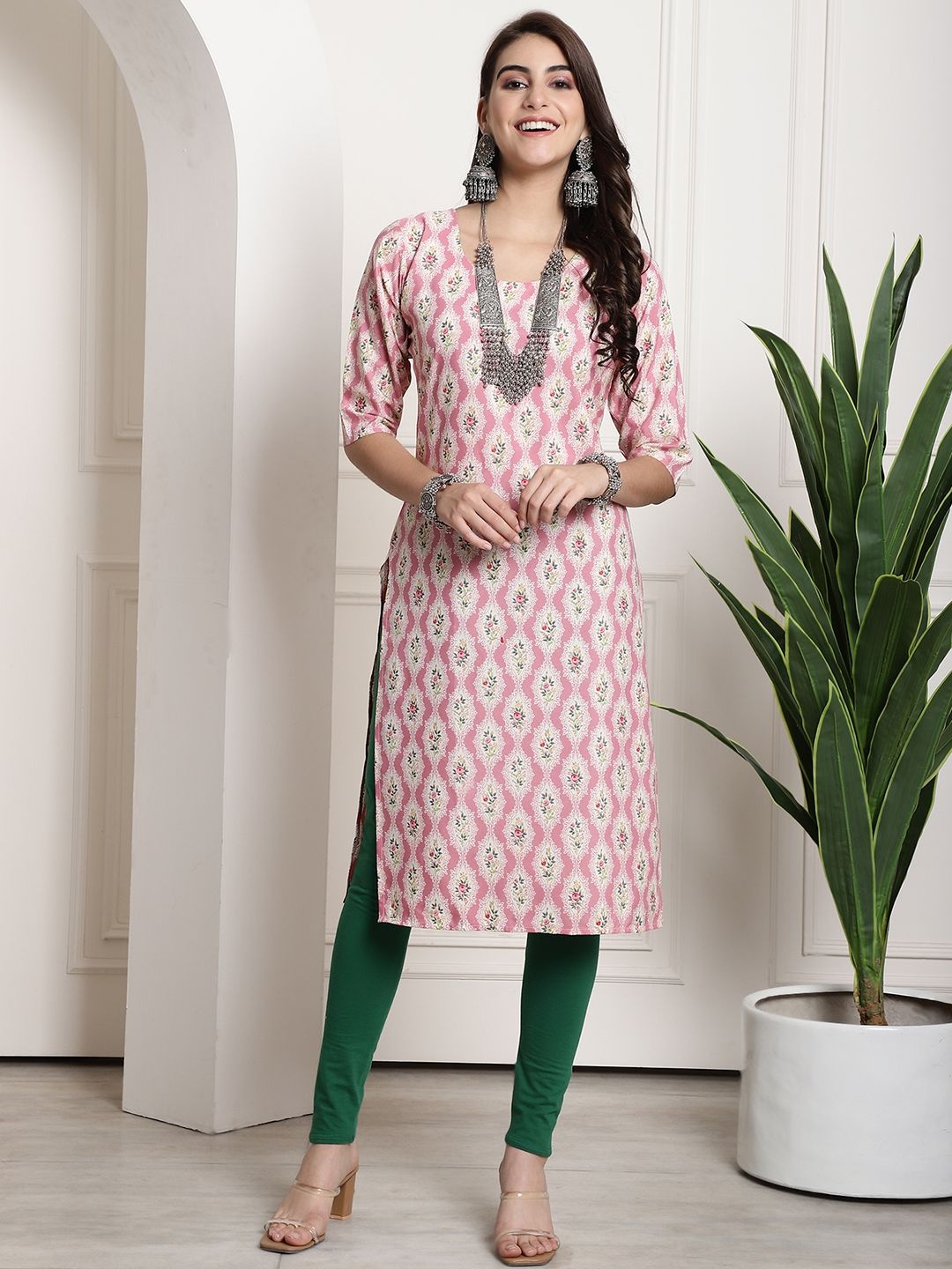 

7Threads Selection 0f 6 Ethnic Motifs Printed Round Neck Straight Crepe Kurta, Pink