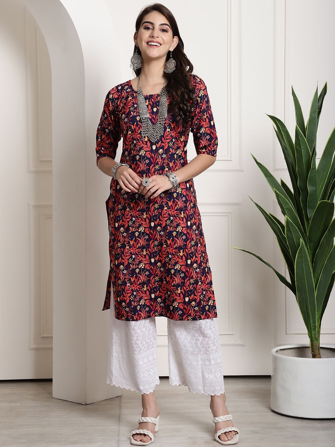 

7Threads Selection of 6 Floral Printed Crepe Straight Kurtas, Brown