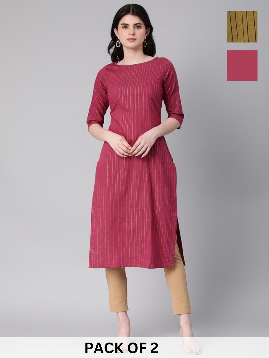 

KALINI Selection Of 2 Striped Round Neck Straight Kurtas, Pink