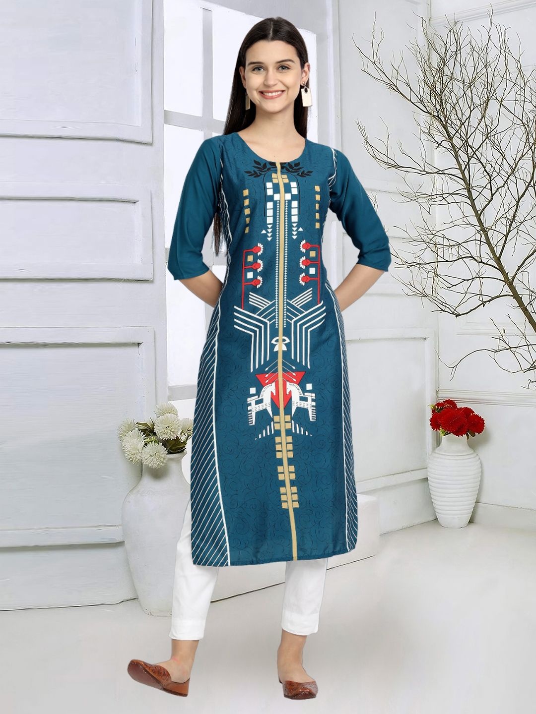 

7Threads Geometric Printed Round Neck Straight Crepe Kurta, Blue