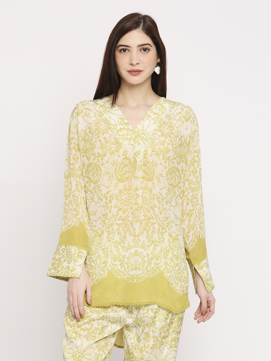 

Cloth Haus India Floral Print Mandarin Collar Top, Lime green