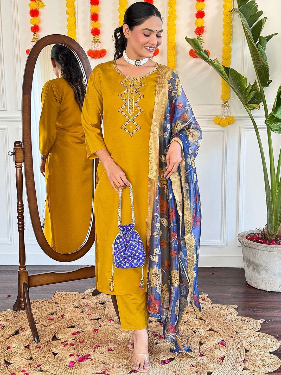 

REALLTREND Ethnic Motifs Embroidered Round Neck Straight Kurta With Trousers & Dupatta, Yellow