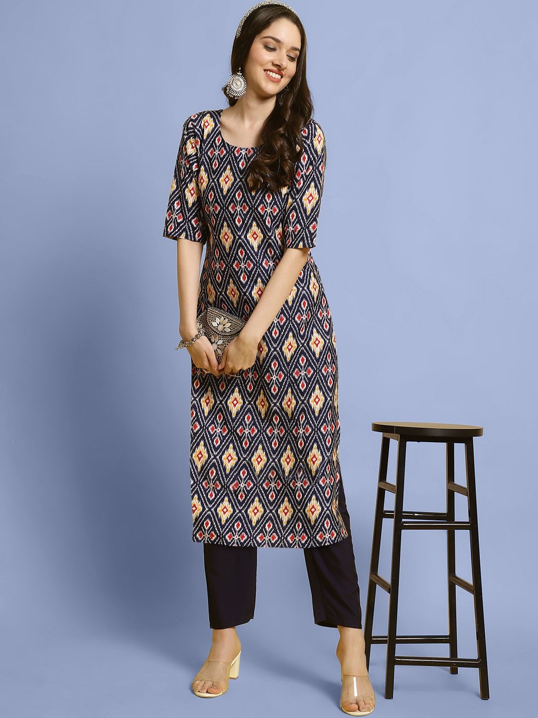 

7Threads Ethnic Motifs Printed Round Neck Straight Kurta with Trousers, Navy blue