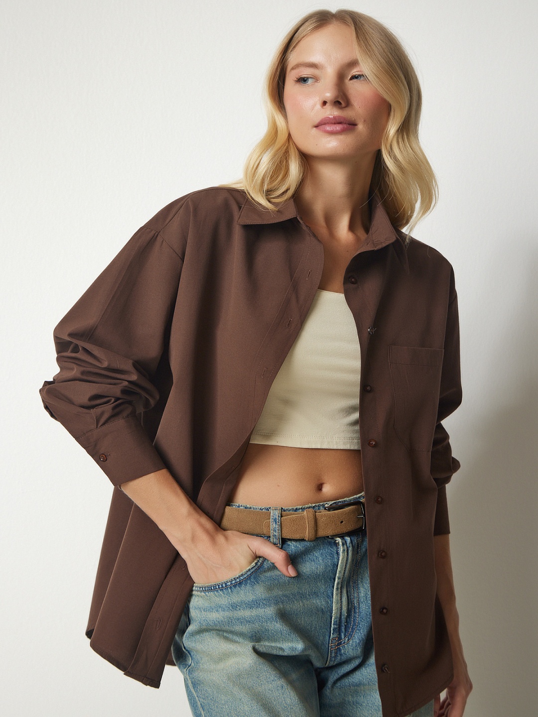 

Happiness istanbul Spread Collar Drop-Shoulder Sleeves Casual Shirt, Brown