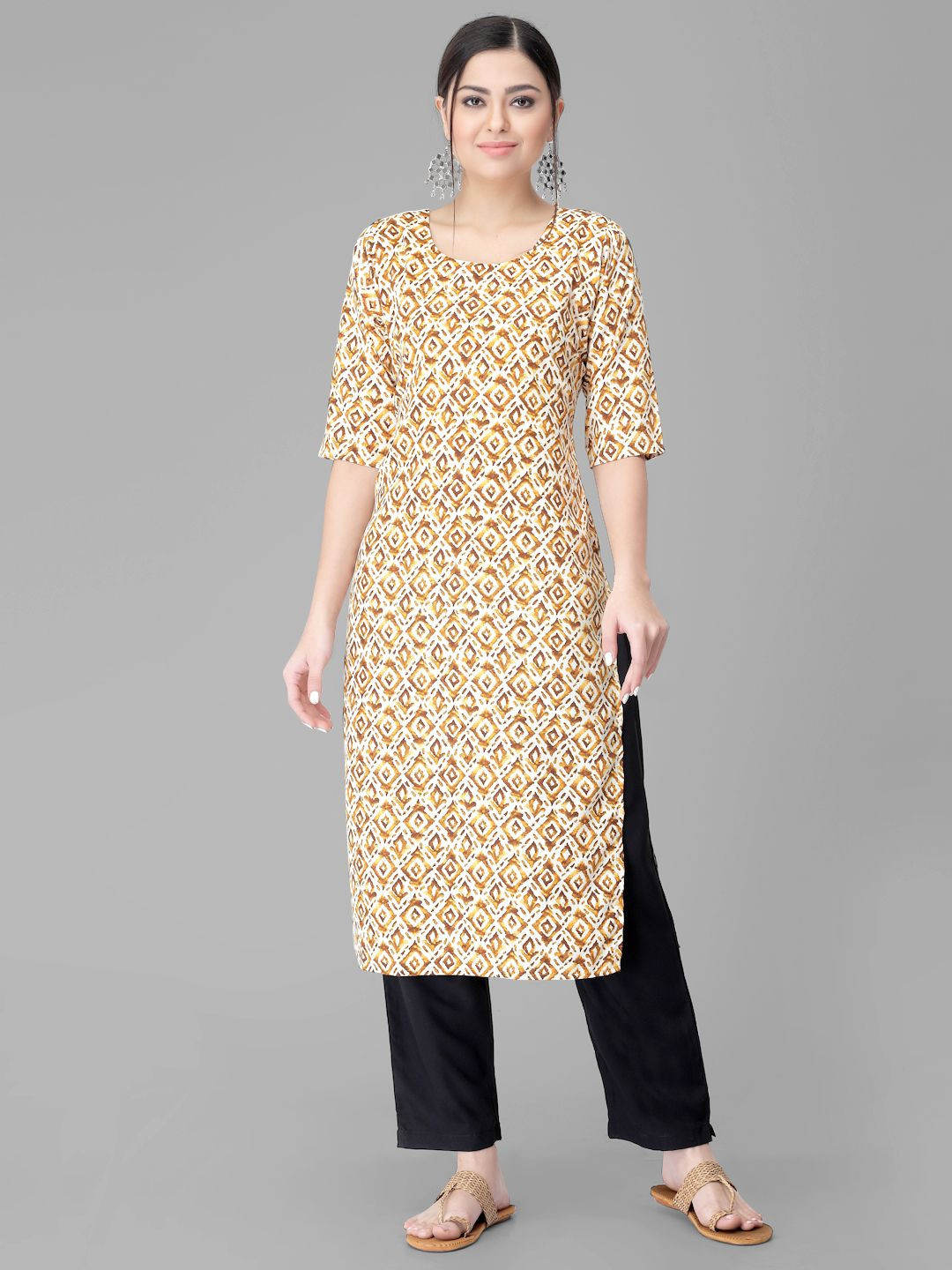 

7Threads Geometric Printed Round Neck Straight Kurta with Trouser, Beige