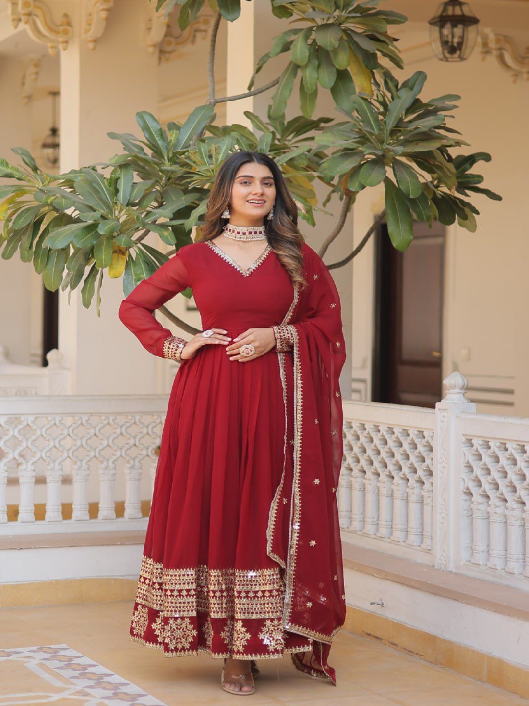 

JATRIQQ Women Embroidered Sequins Gown With Dupatta Ethnic Dresses, Maroon