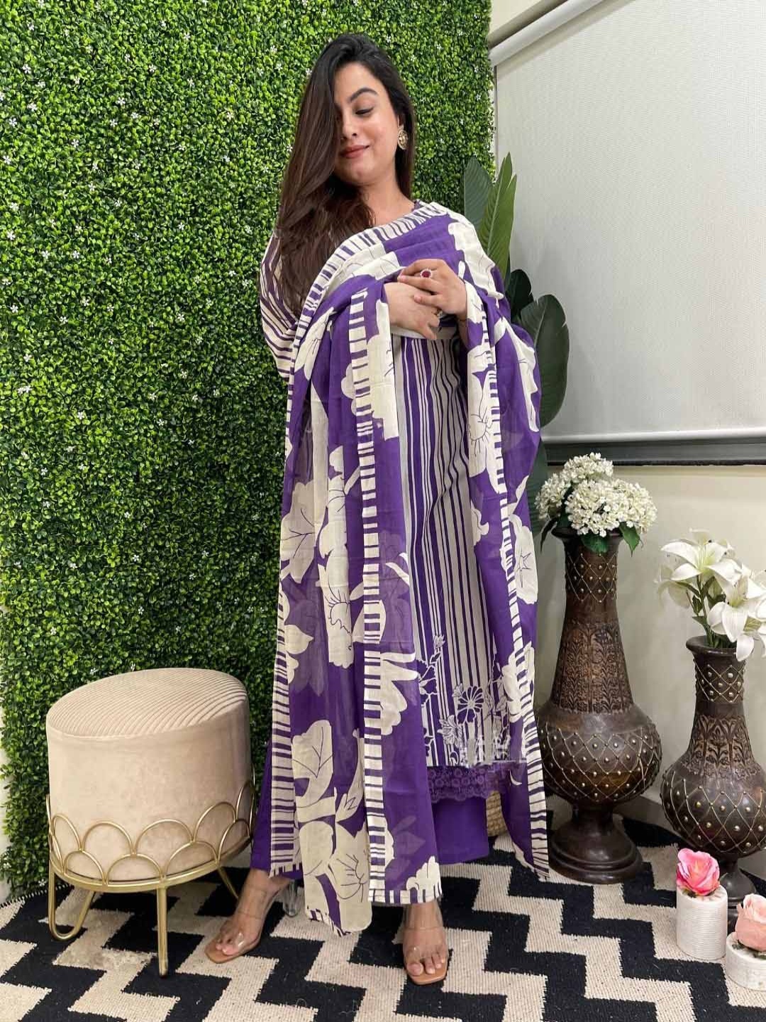 

KALINI Floral Printed Kurta with Palazzos & Dupatta, Purple