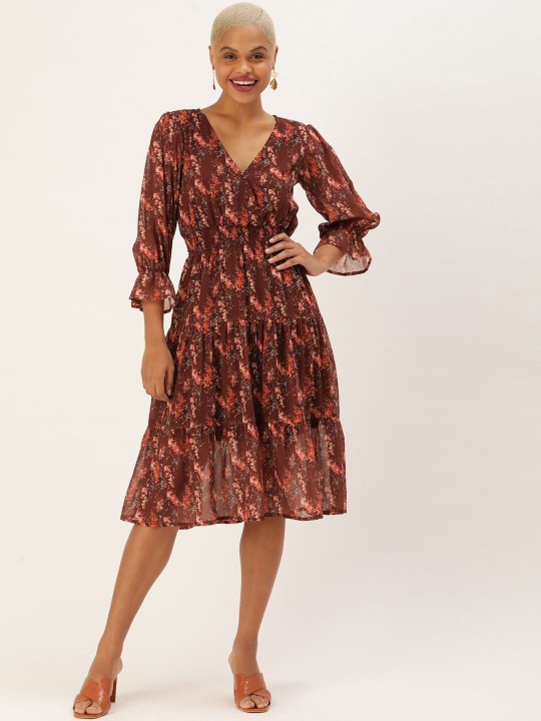 

MELOSO Floral Print Bishop Sleeve Georgette Fit & Flare Maxi Dress, Brown