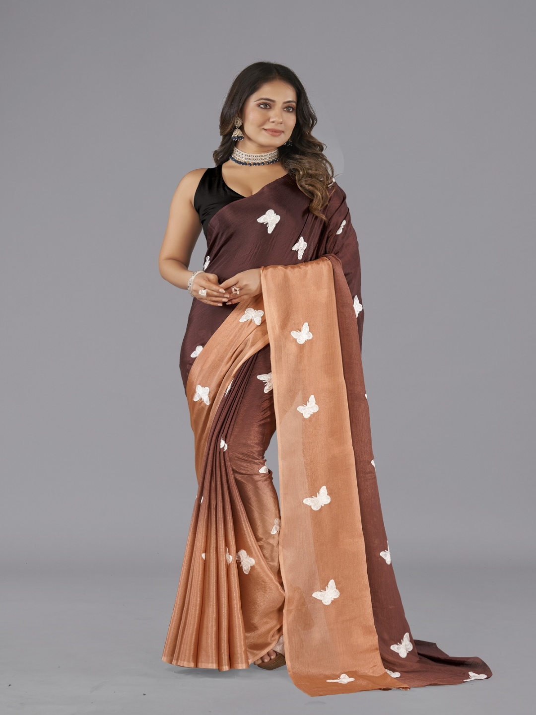

LADY SHOPI Ethnic Motifs Pure Chiffon Saree, Brown